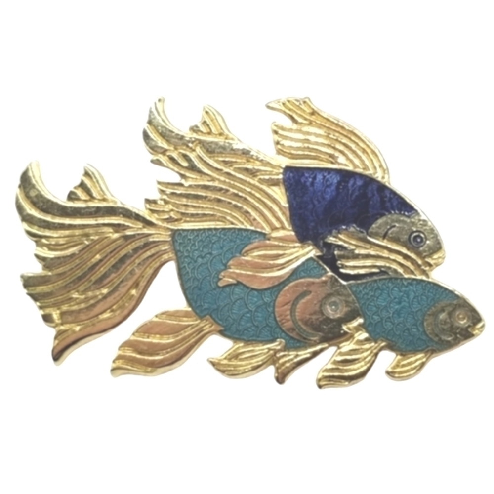 Fish Crown Enamel Gold Tone Bar Pin Brooch Vintage Angel Koi Fish Swimming Blue